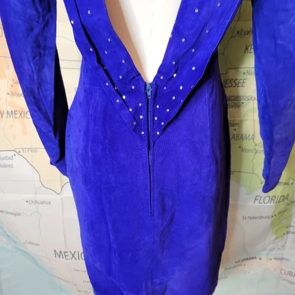 Vintage 1980s Suede Electric Blue Knee Length Dress With Rhinestones Size M - Picture 2 of 16